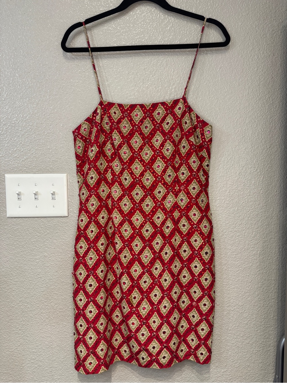 Hugo Buscati 100% Silk Red Sequin Geometric Slip Dress Size 6 Vintage Y2K
